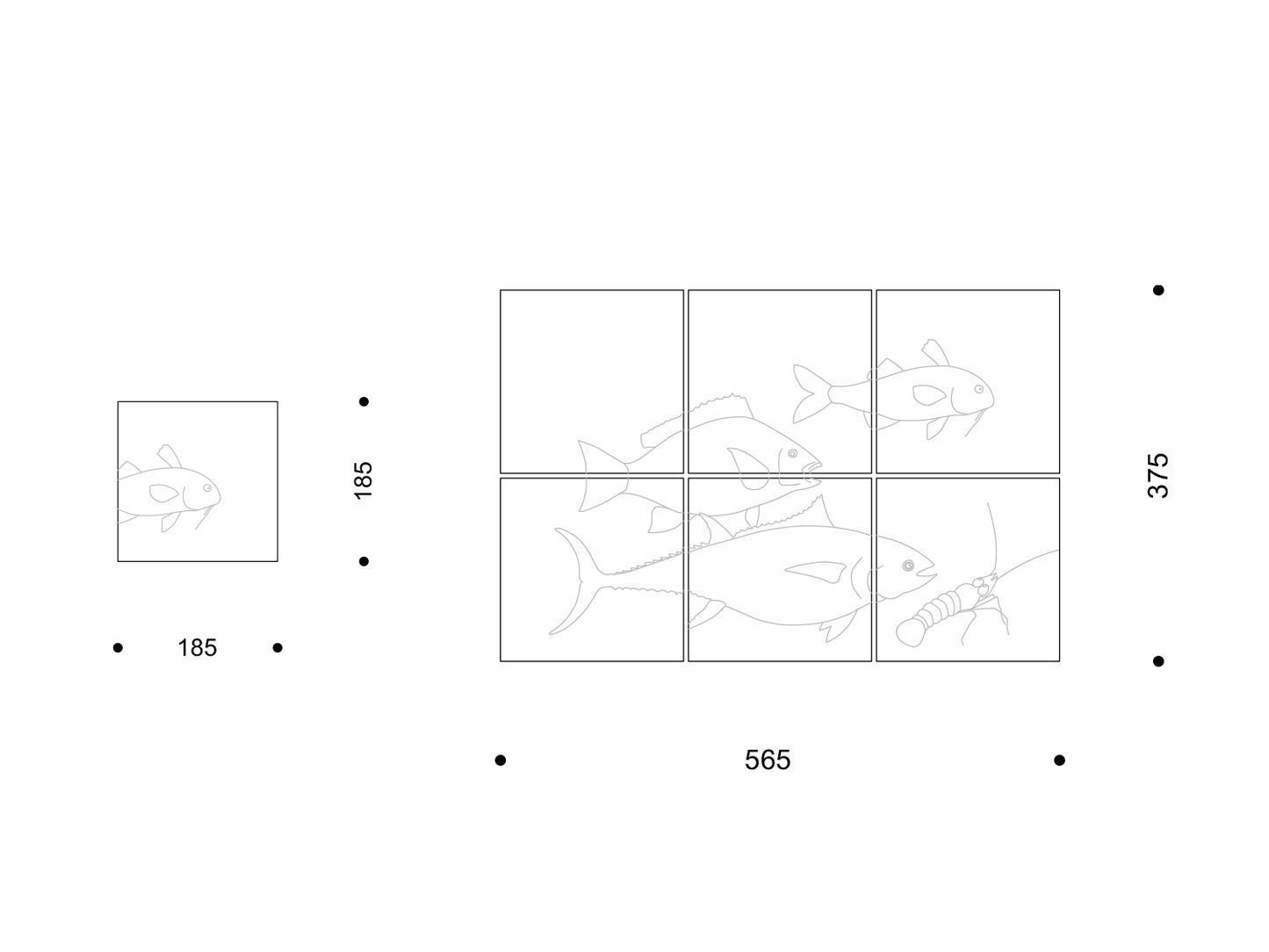 Technische Zeichnung: eine quadratische Kachel (185 mm) mit Fischmotiv und ein 2×3-Tableau (565 × 375 mm) mit zusammenhängender Unterwasser-Szene.
Technical drawing: one square tile (185 mm) with a fish motif and a 2×3 panel (565 × 375 mm) forming a continuous underwater scene.