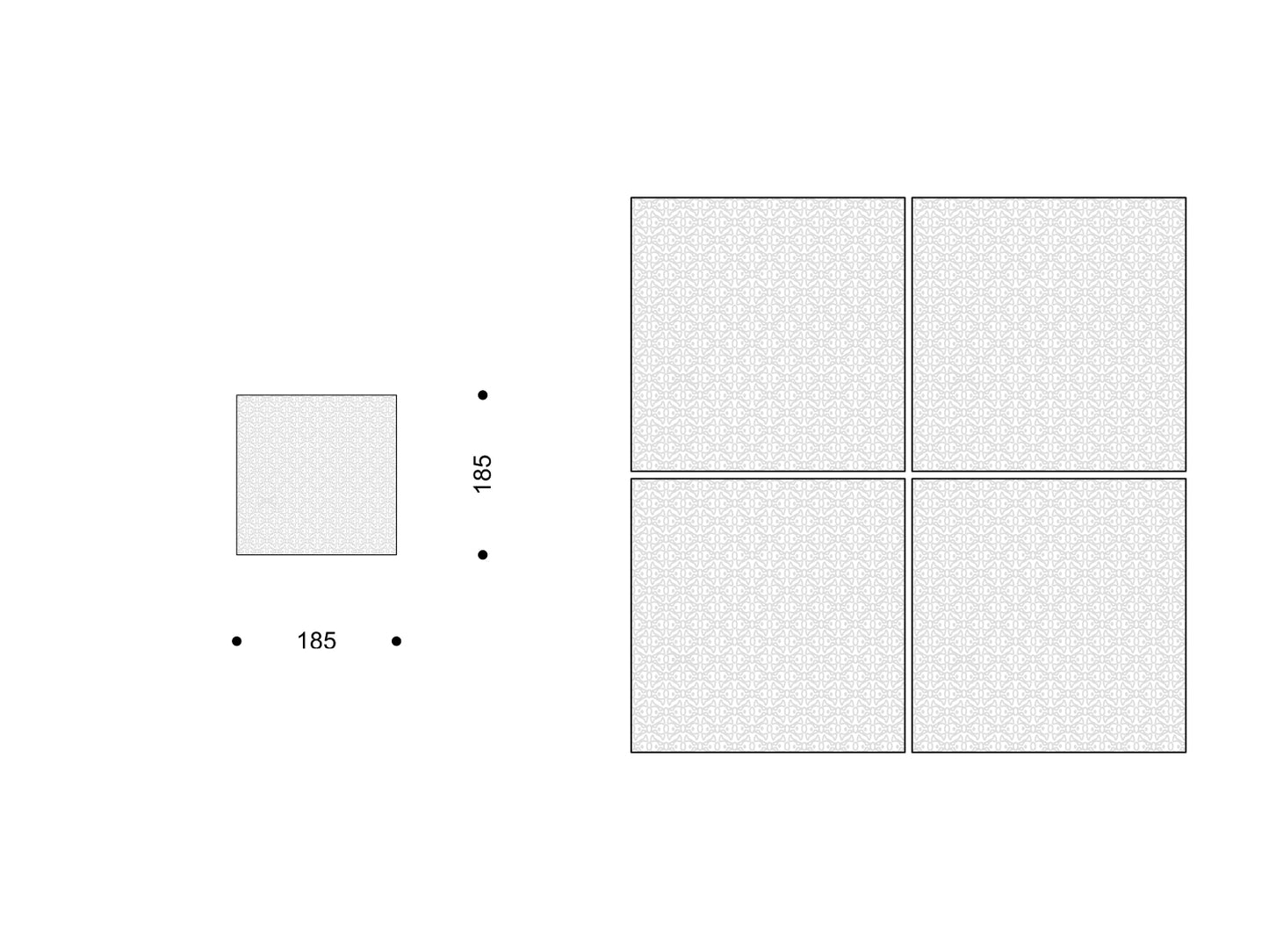 Rutschhemmende Strukturfliese 185 × 185 mm; Darstellung als 2 × 2 Anordnung.
Slip-resistant textured tile, 185 × 185 mm; shown in a 2 × 2 arrangement.