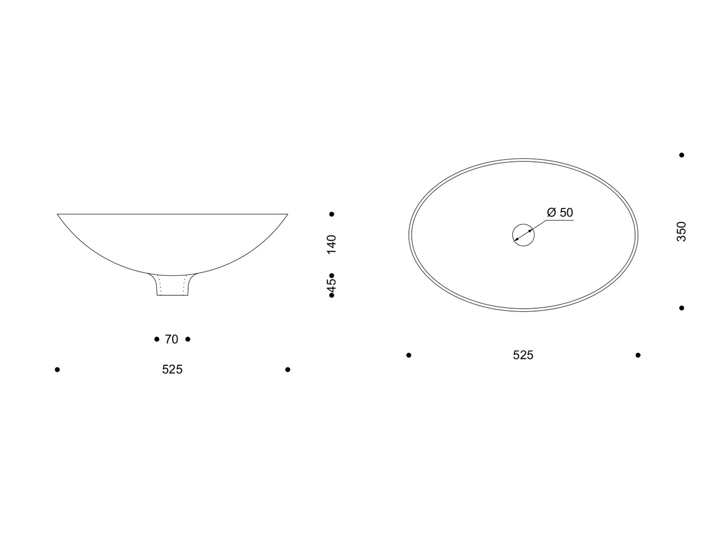 Ovale Aufsatz-Waschschale aus Porzellan, 525 × 350 × 140 mm, zentrale Ablaufbohrung Ø 50 mm; Seiten- und Draufsicht.
Oval porcelain countertop washbasin, 525 × 350 × 140 mm, central drain hole Ø 50 mm; side and top view.