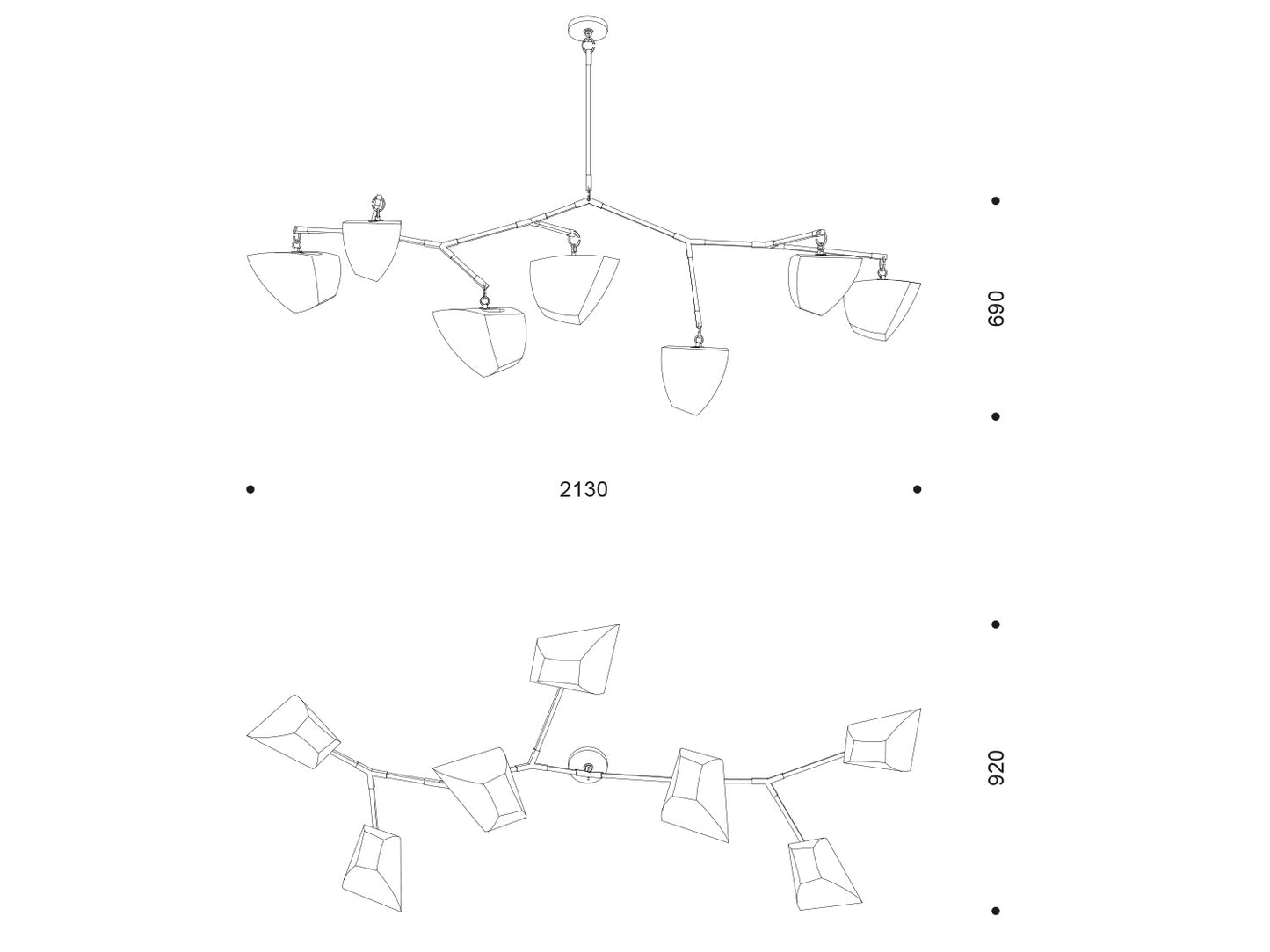 Technische Zeichnung der Deckenleuchte C7 mit acht Schirmen; Spannweite 2130 mm, Höhe 690 mm.

Technical drawing of C7 ceiling light with eight shades; width 2130 mm, height 690 mm.