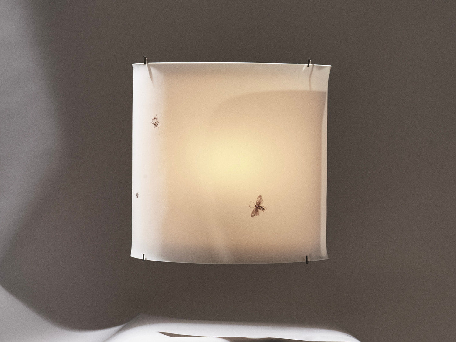Wandleuchte „Luna Motive“ mit handgemalten Insektenmotiven, beleuchtet.

“Luna Motive” wall lamp with hand-painted insect motifs, illuminated.