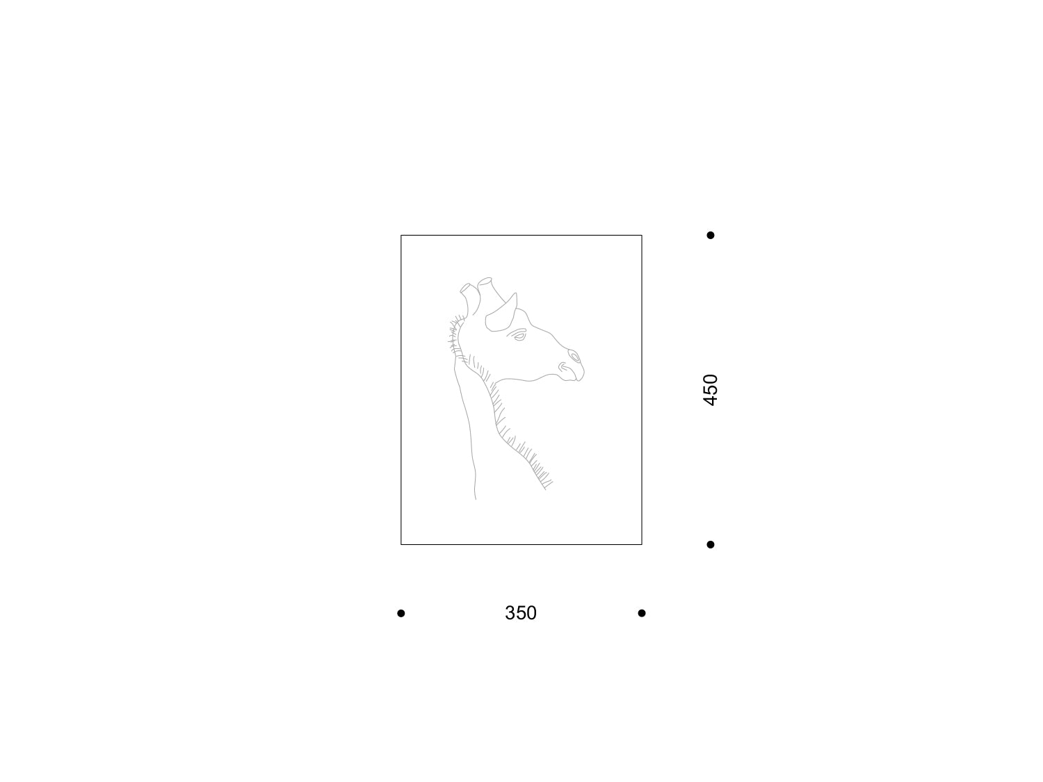Technische Zeichnung der Fliese „Safari“ im Format 350 × 450 mm mit feiner Giraffen-Kontur; Maßangaben am Rand.

Technical drawing of the “Safari” tile, 350 × 450 mm, with a fine giraffe outline; dimensions indicated.