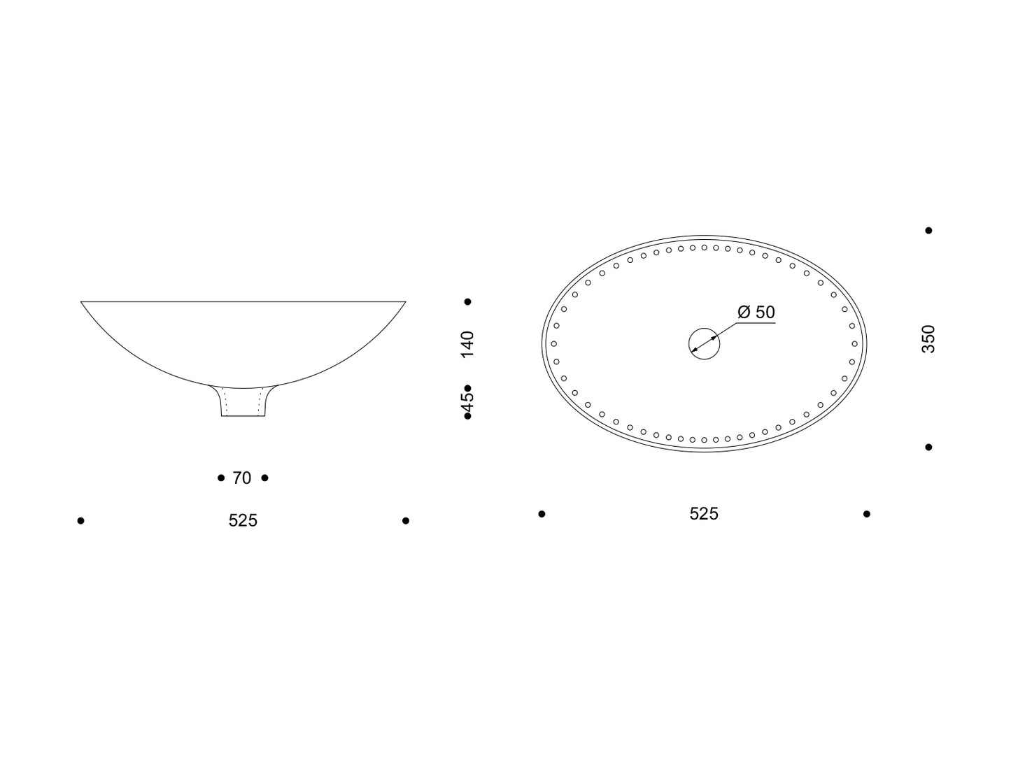 Technische Zeichnung des ovalen Nymphenburg-Waschbeckens „Perl“ mit umlaufendem Perlrand, Außenmaß 525 × 350 mm, Höhe 140 mm, Ablauföffnung Ø 50 mm; Seiten- und Draufsicht.

Technical drawing of the oval Nymphenburg “Perl” washbasin with beaded rim, 525 × 350 mm, height 140 mm, waste opening Ø 50 mm; side and top view.